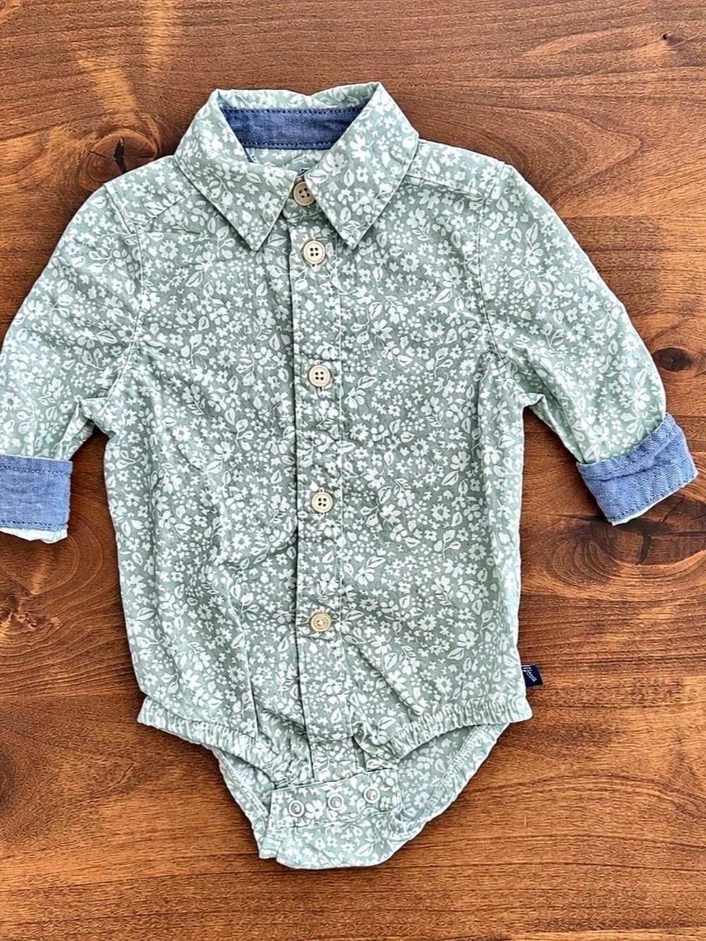 Baby B'Gosh Mint Green Floral Button Down Onesie Dress Shirt 6 Months